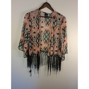 Boho Eye Candy Kimono Cardigan Womens Small Peach Ikat Macrame Fringe Open Front